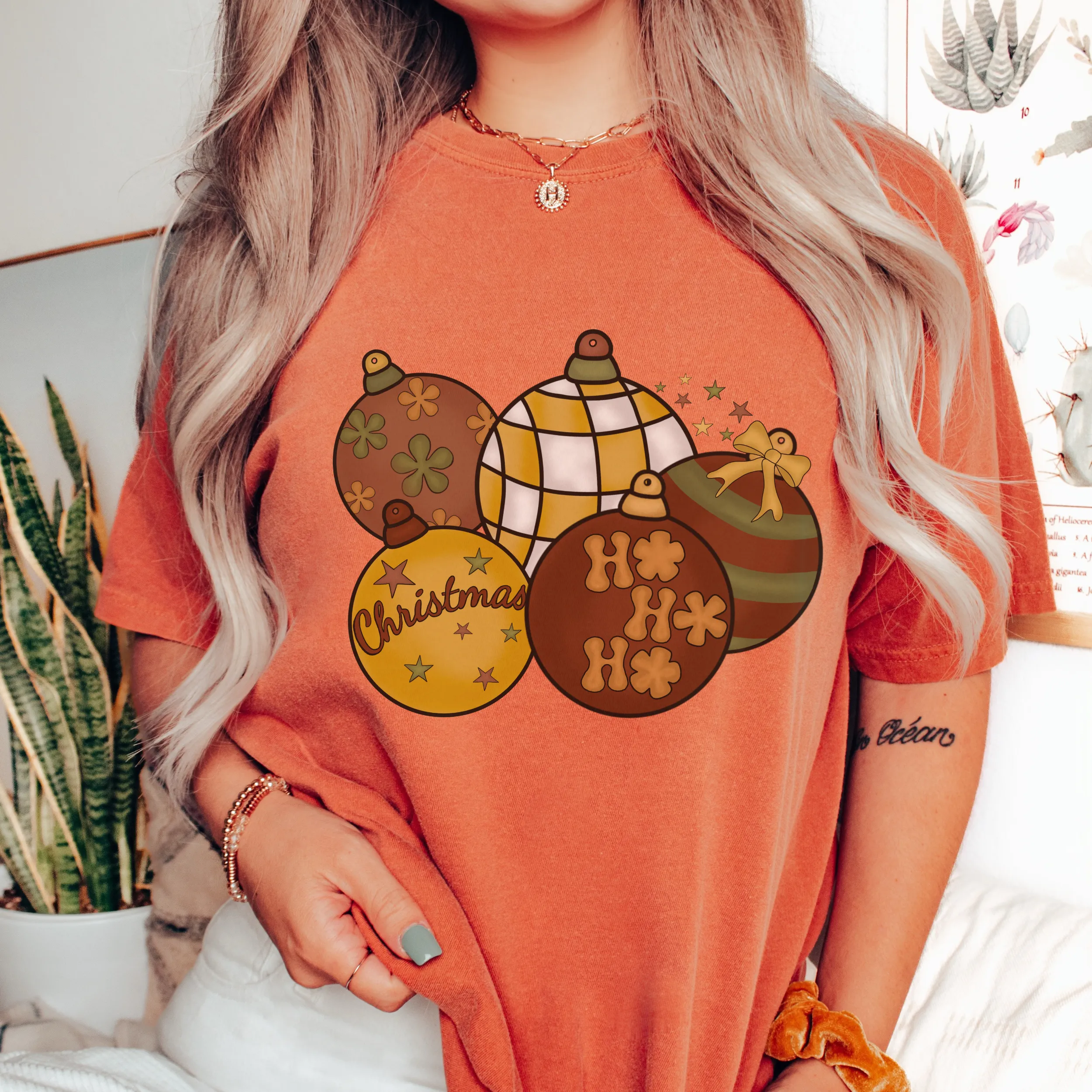 Comfort Colors® Retro Christmas Tree Ornaments Garment-Dyed T-shirt, Women's Christmas T-Shirt Grey, Green, Mustard, Pepper or White Tee