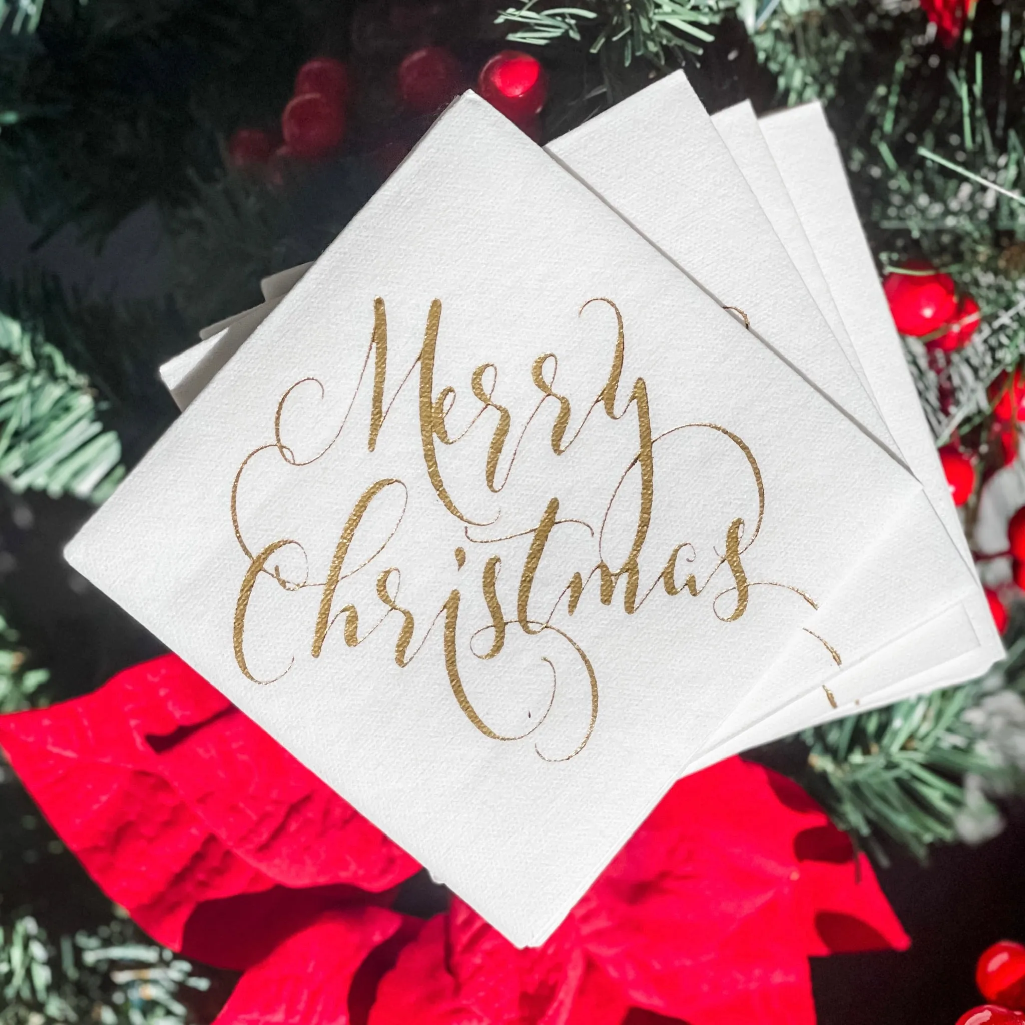 Custom White Merry Christmas Linen-Like Napkins