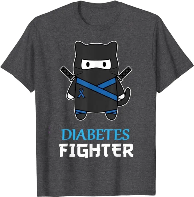 Diabetes Fighter Cat Ninja T-Shirt | Type 1 Diabetes Awareness | Rainbow & Blue Band Tee