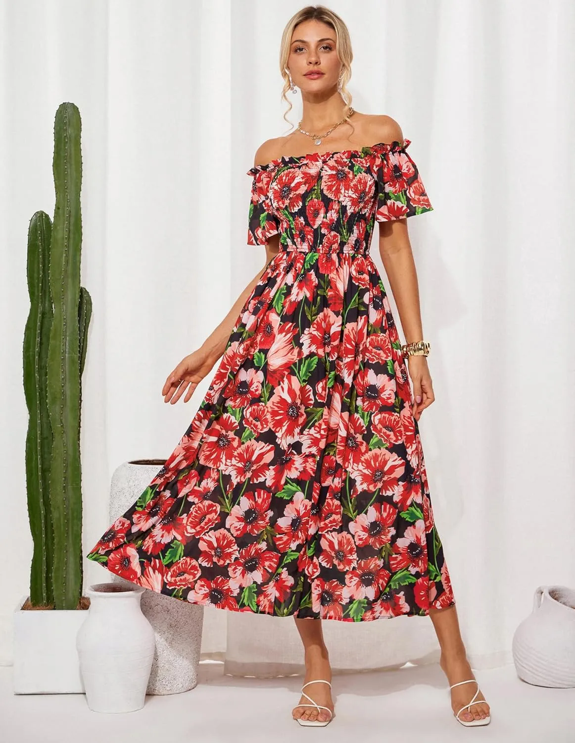 GRACE KARIN Women's 2025 Summer Floral Smocked Off Shoulder Flowy A Line Maxi Dresses Formal Wedding Guest Dress with Pockets
