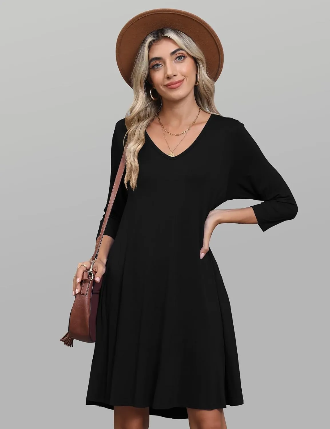 JollieLovin Women 3/4 Sleeve Plus Size Casual Fall Dresses 2024 V Neck T Shirt Long Tunic Dress