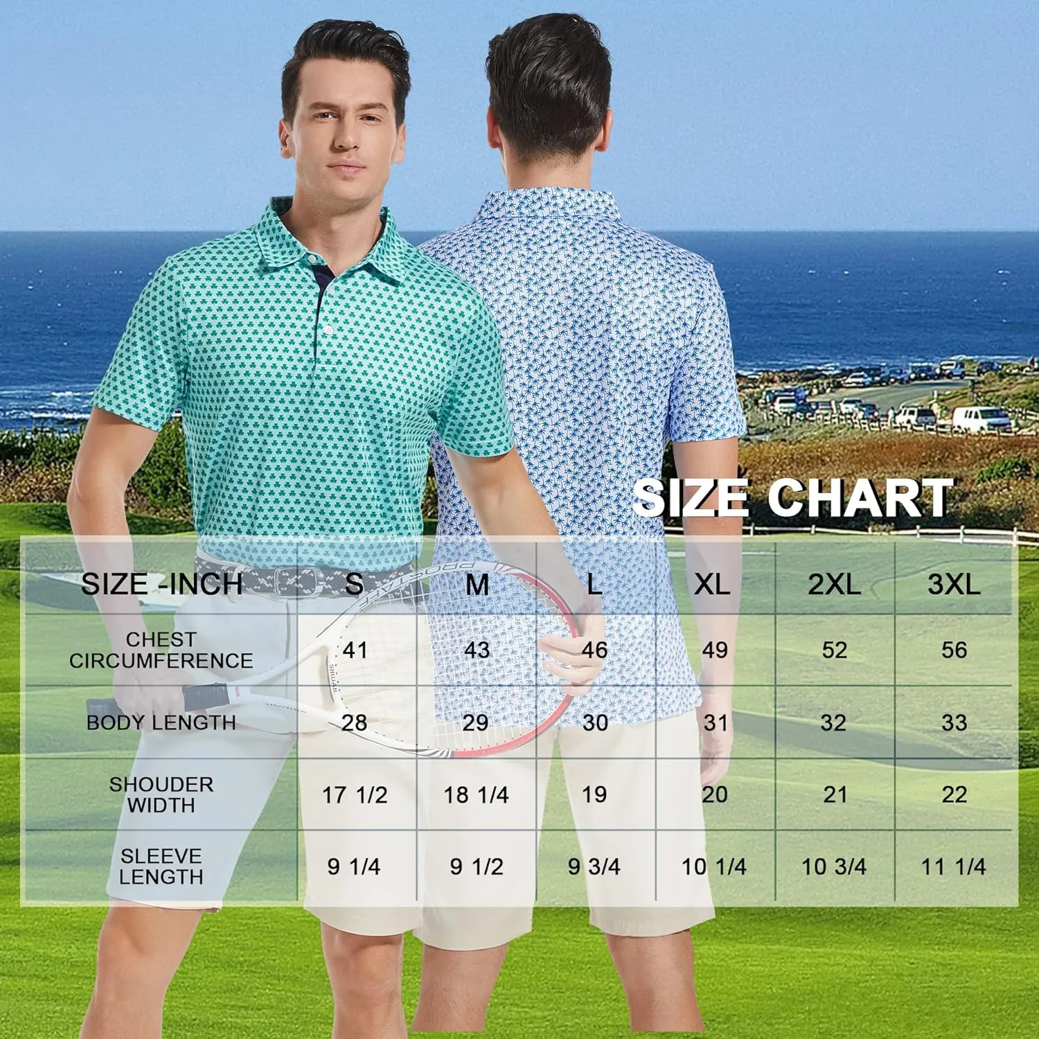 Mens Golf Shirt Moisture Wicking Dry Fit Print Performance Short Sleeve Polo Shirts for Men