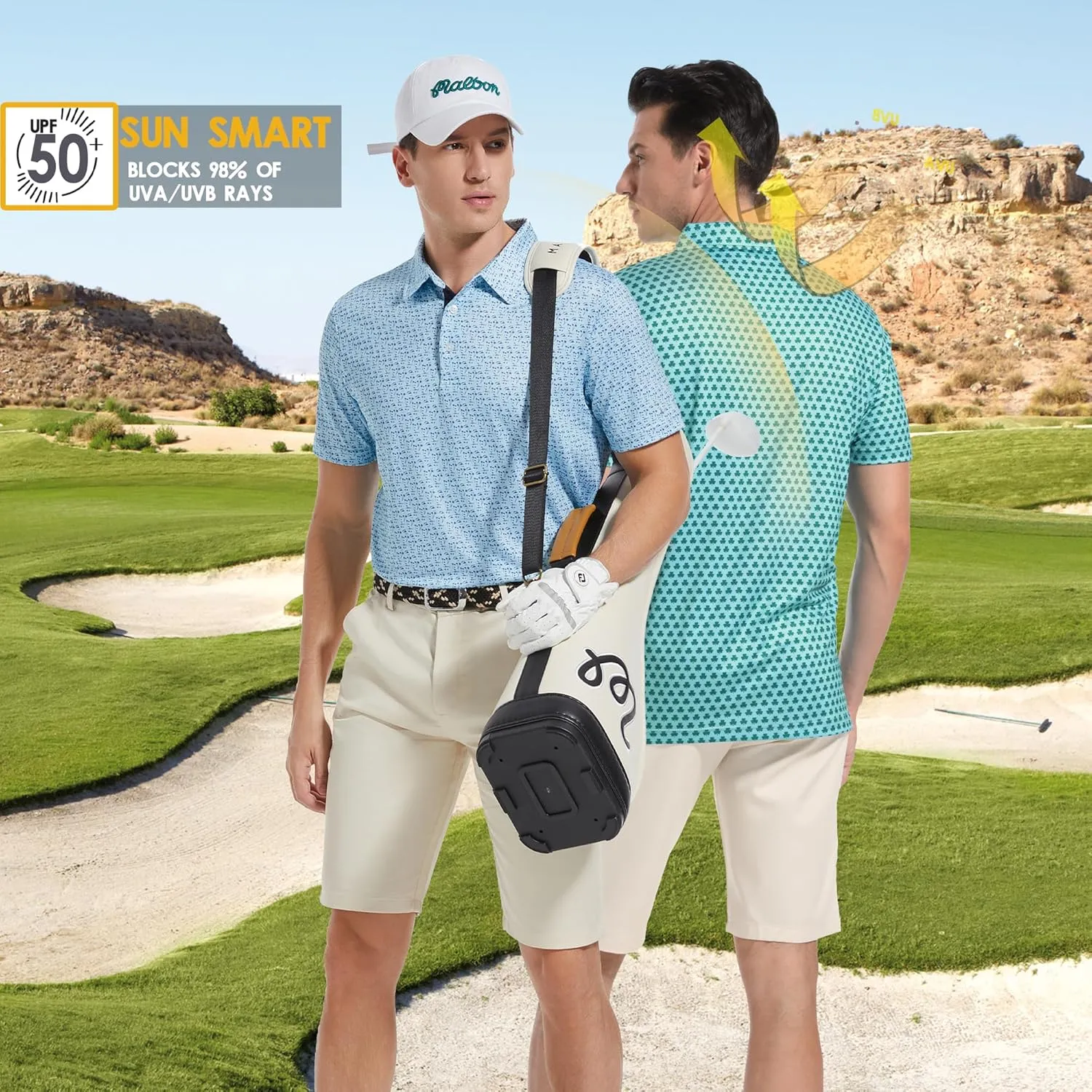 Mens Golf Shirt Moisture Wicking Dry Fit Print Performance Short Sleeve Polo Shirts for Men