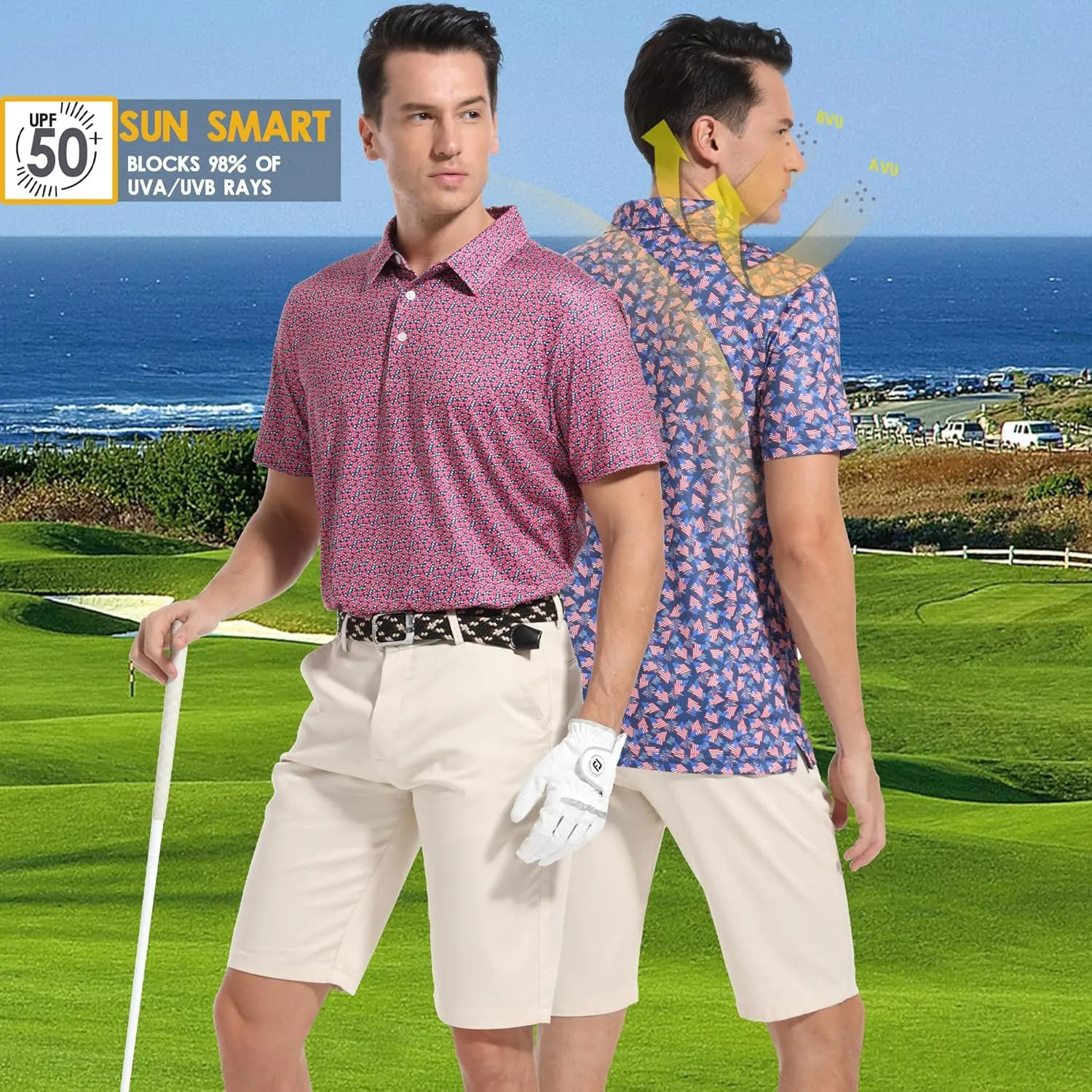 Mens Golf Shirt Short Sleeve Dry Fit Print Moisture Wicking Performance Patterns Collared Polo Shirt