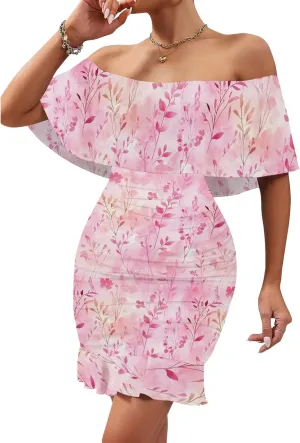 PinkPatty Summer Mini Dress for Women Off Shoulder Ruffled Bodycon Dresses Short Beach Sundress