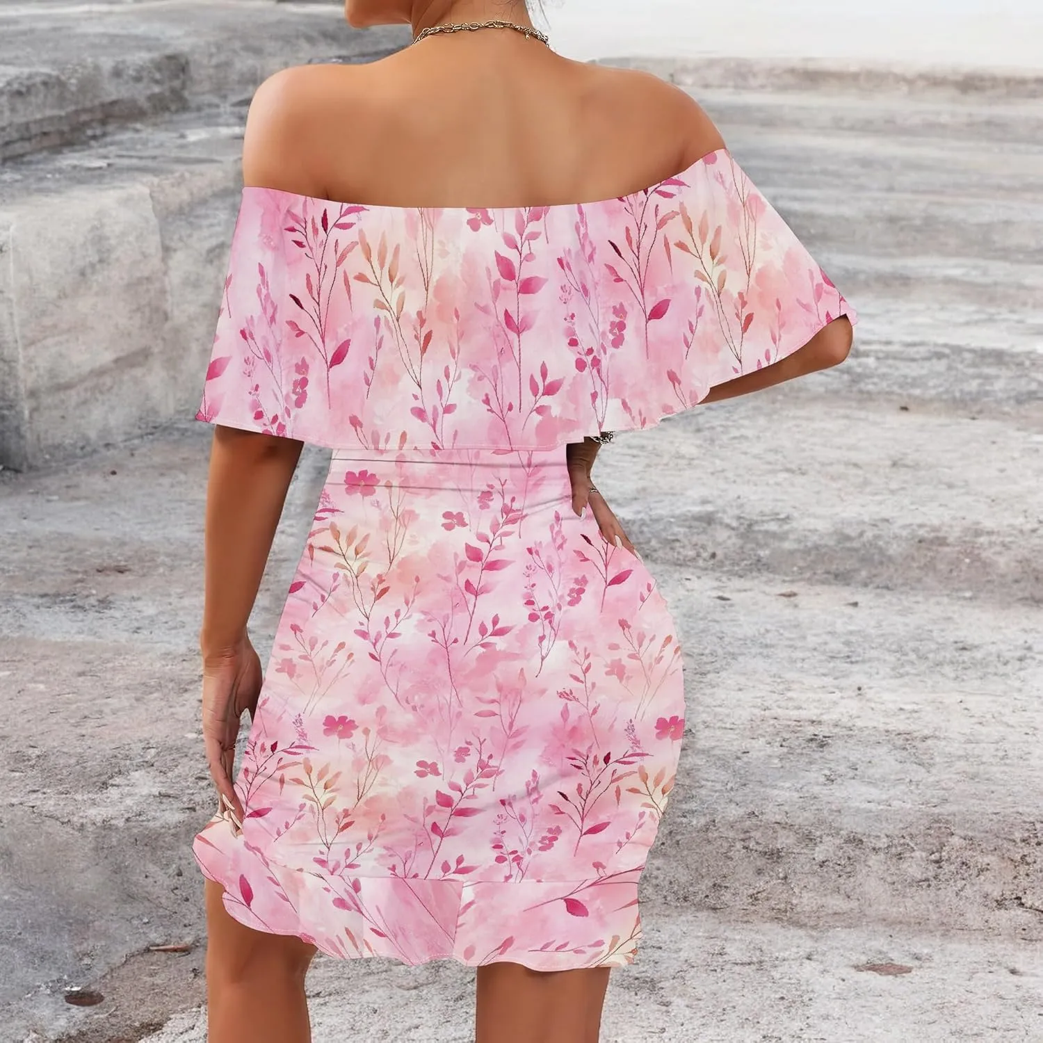 PinkPatty Summer Mini Dress for Women Off Shoulder Ruffled Bodycon Dresses Short Beach Sundress