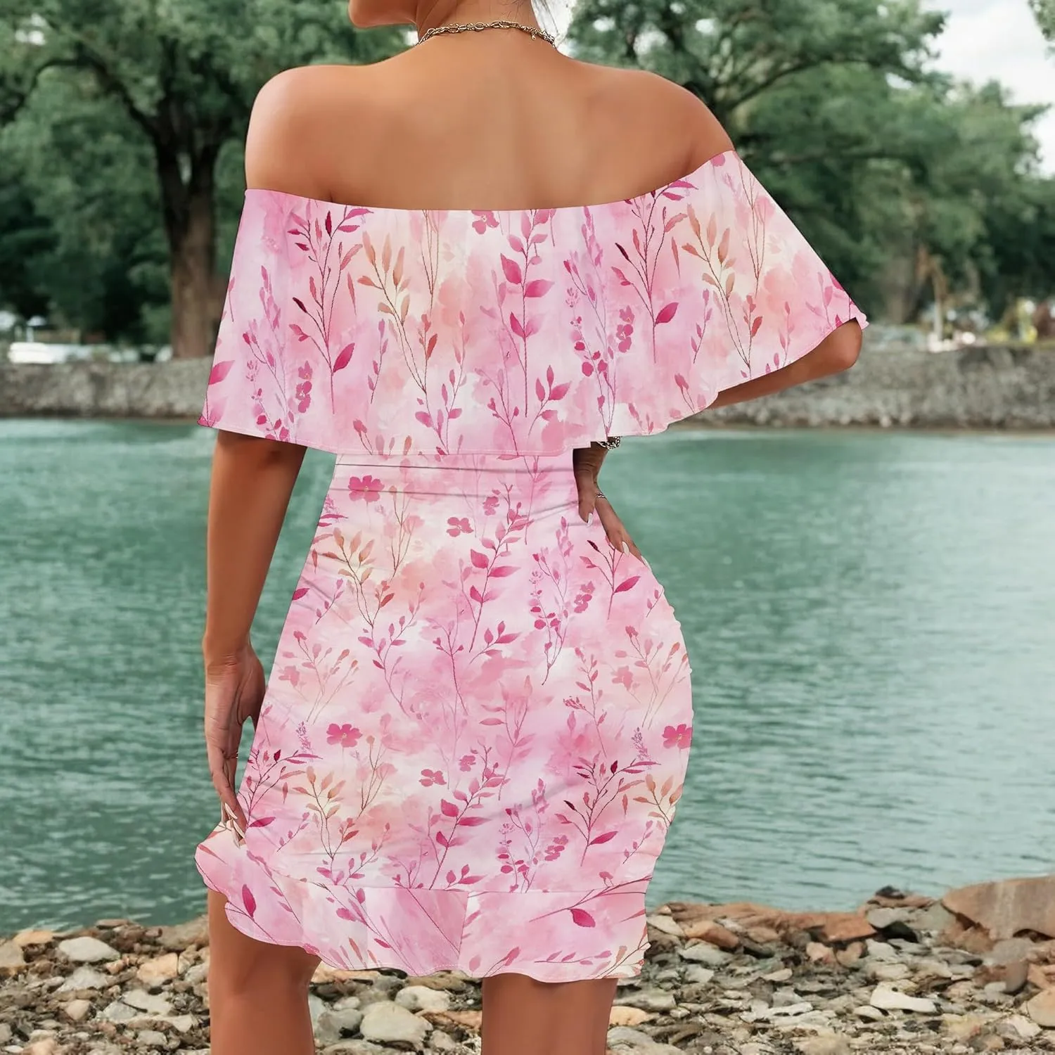 PinkPatty Summer Mini Dress for Women Off Shoulder Ruffled Bodycon Dresses Short Beach Sundress
