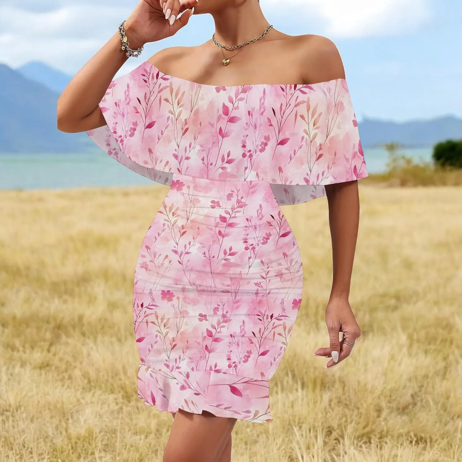 PinkPatty Summer Mini Dress for Women Off Shoulder Ruffled Bodycon Dresses Short Beach Sundress