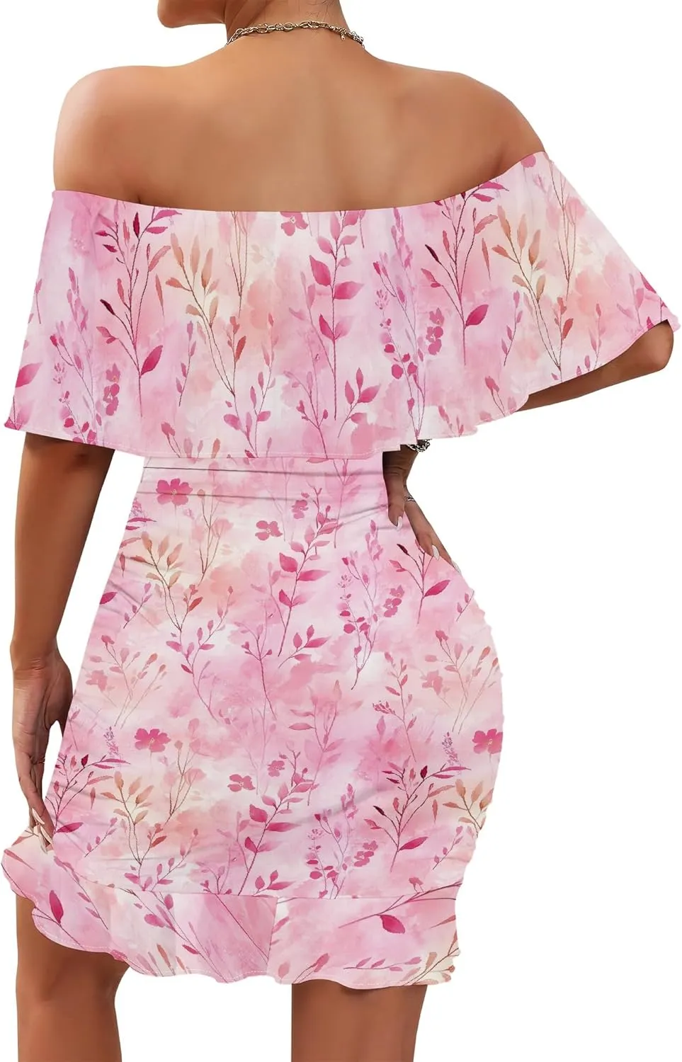 PinkPatty Summer Mini Dress for Women Off Shoulder Ruffled Bodycon Dresses Short Beach Sundress