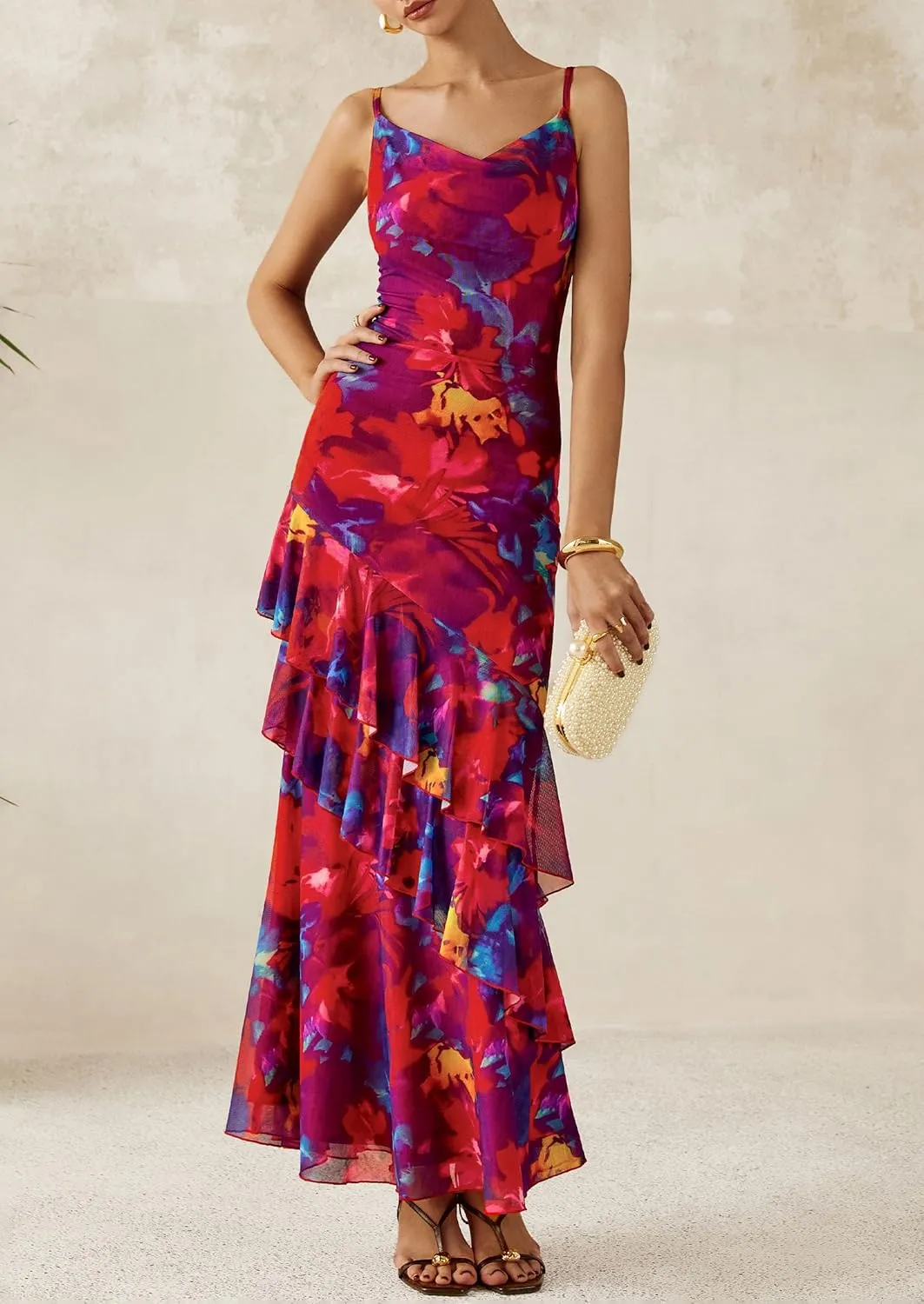 PRETTYGARDEN Maxi Dresses for Women 2025 Summer Tiered Floral Beach Sundress Spaghetti Strap Wedding Guest Long Dress