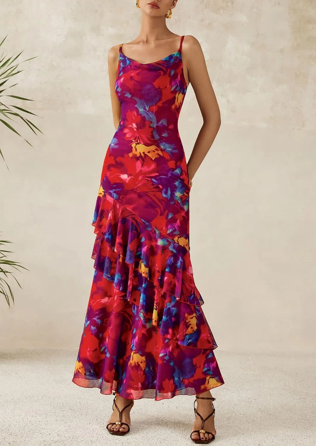 PRETTYGARDEN Maxi Dresses for Women 2025 Summer Tiered Floral Beach Sundress Spaghetti Strap Wedding Guest Long Dress