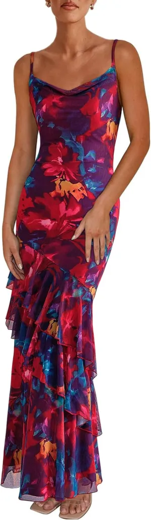 PRETTYGARDEN Maxi Dresses for Women 2025 Summer Tiered Floral Beach Sundress Spaghetti Strap Wedding Guest Long Dress