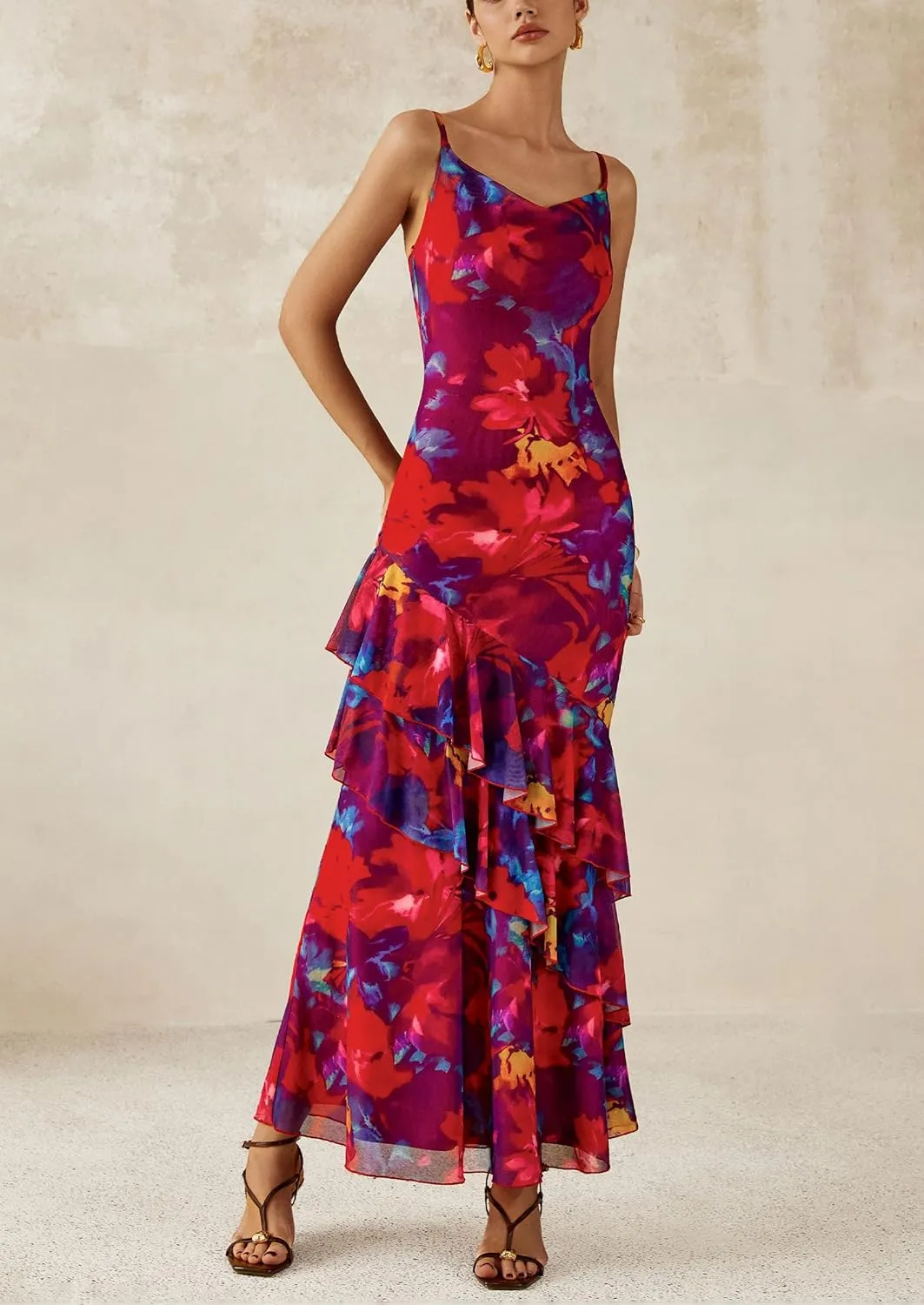 PRETTYGARDEN Maxi Dresses for Women 2025 Summer Tiered Floral Beach Sundress Spaghetti Strap Wedding Guest Long Dress