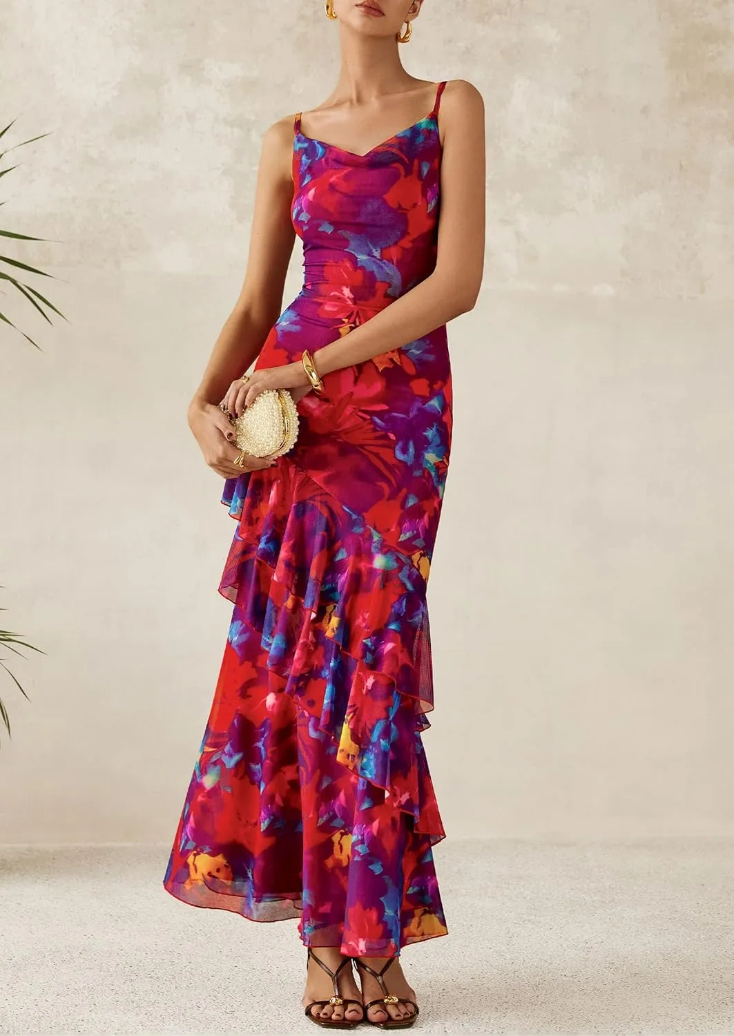 PRETTYGARDEN Maxi Dresses for Women 2025 Summer Tiered Floral Beach Sundress Spaghetti Strap Wedding Guest Long Dress