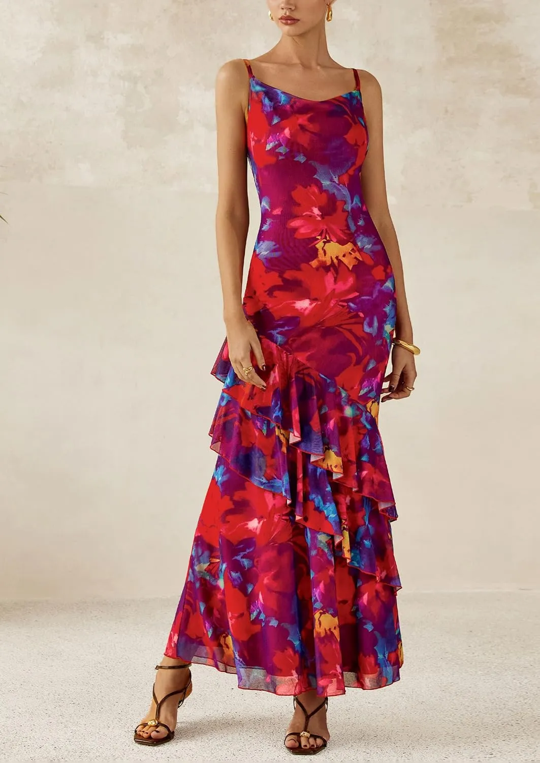PRETTYGARDEN Maxi Dresses for Women 2025 Summer Tiered Floral Beach Sundress Spaghetti Strap Wedding Guest Long Dress