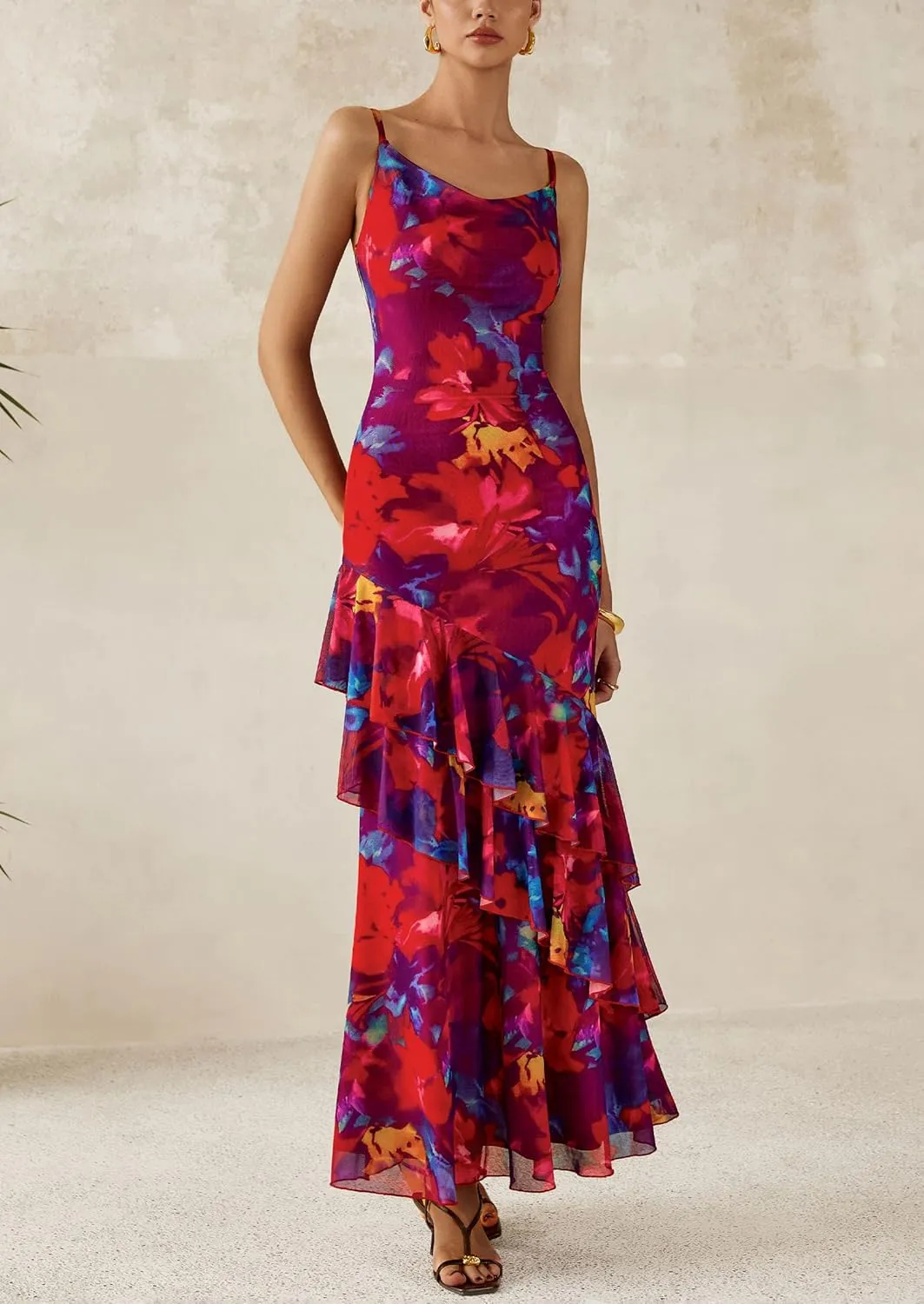 PRETTYGARDEN Maxi Dresses for Women 2025 Summer Tiered Floral Beach Sundress Spaghetti Strap Wedding Guest Long Dress