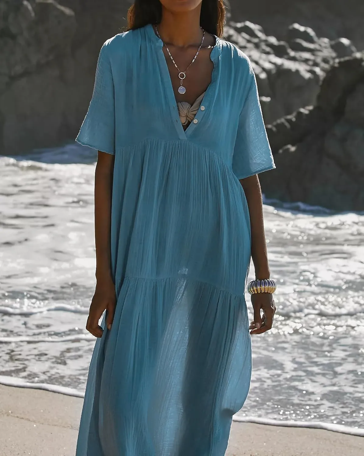 R.Vivimos Womens Summer Cotton Flowy Maxi Dress Short Sleeve V Neck Empire Waist Boho Tiered Ruffle Casual Loose Long Dresses
