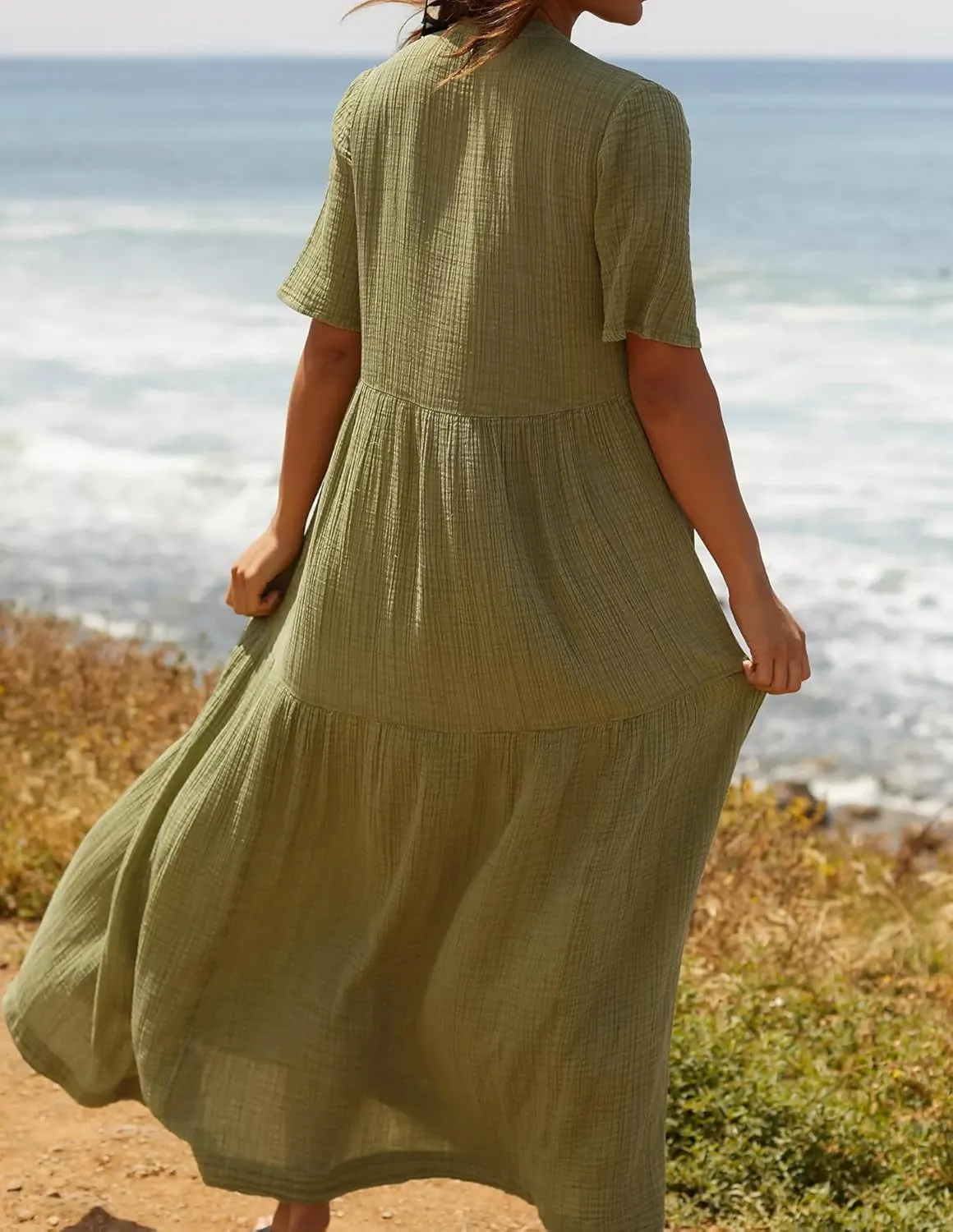 R.Vivimos Womens Summer Cotton Flowy Maxi Dress Short Sleeve V Neck Empire Waist Boho Tiered Ruffle Casual Loose Long Dresses