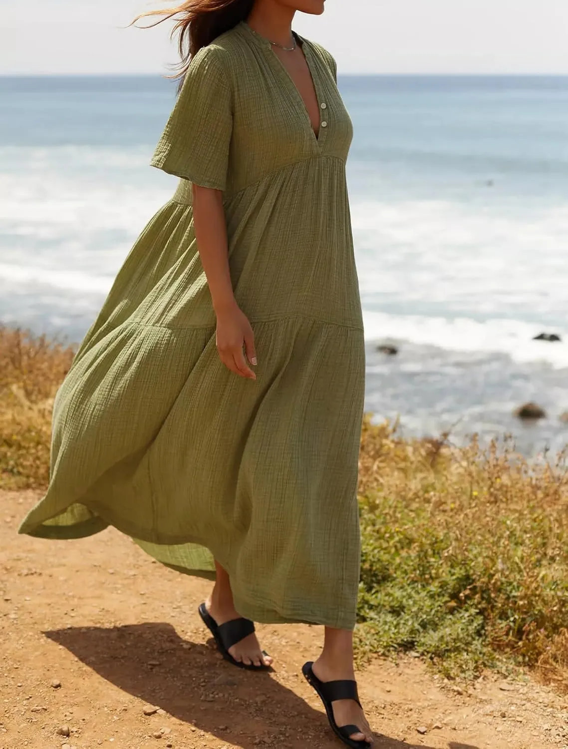 R.Vivimos Womens Summer Cotton Flowy Maxi Dress Short Sleeve V Neck Empire Waist Boho Tiered Ruffle Casual Loose Long Dresses