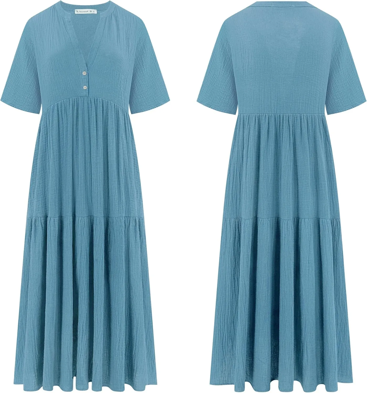 R.Vivimos Womens Summer Cotton Flowy Maxi Dress Short Sleeve V Neck Empire Waist Boho Tiered Ruffle Casual Loose Long Dresses