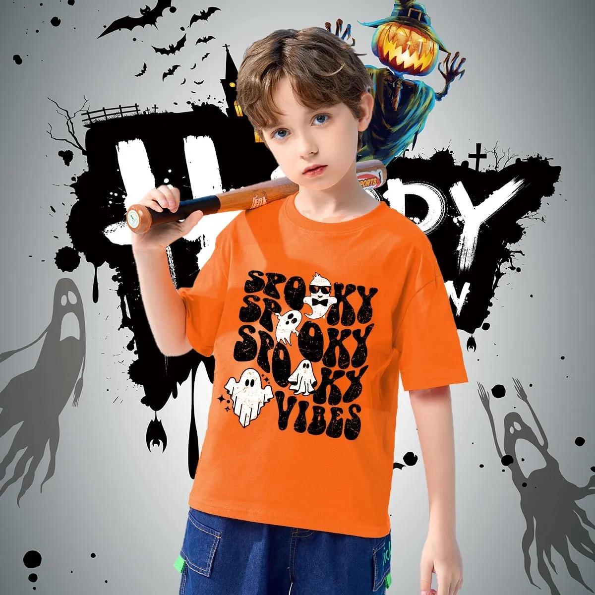 Toddler Boys Girls Halloween Shirt Skeleton Ghost T-Shirts Boo Tees Spooky Tops Short Sleeve 2-12 Years