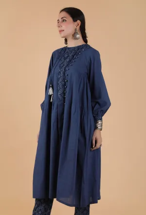 Trayi Indigo Solid Kurta With Printed Yoke