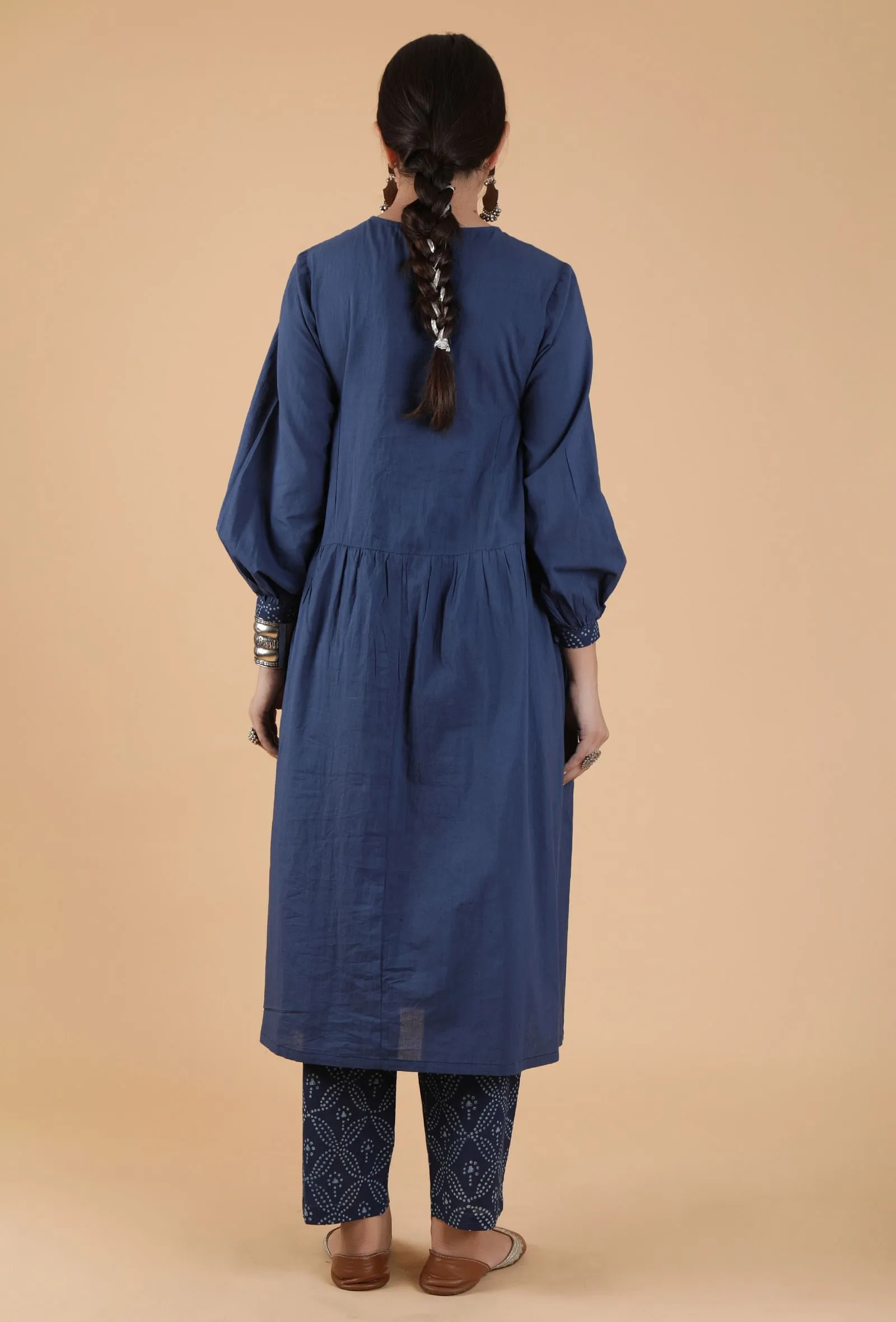Trayi Indigo Solid Kurta With Printed Yoke