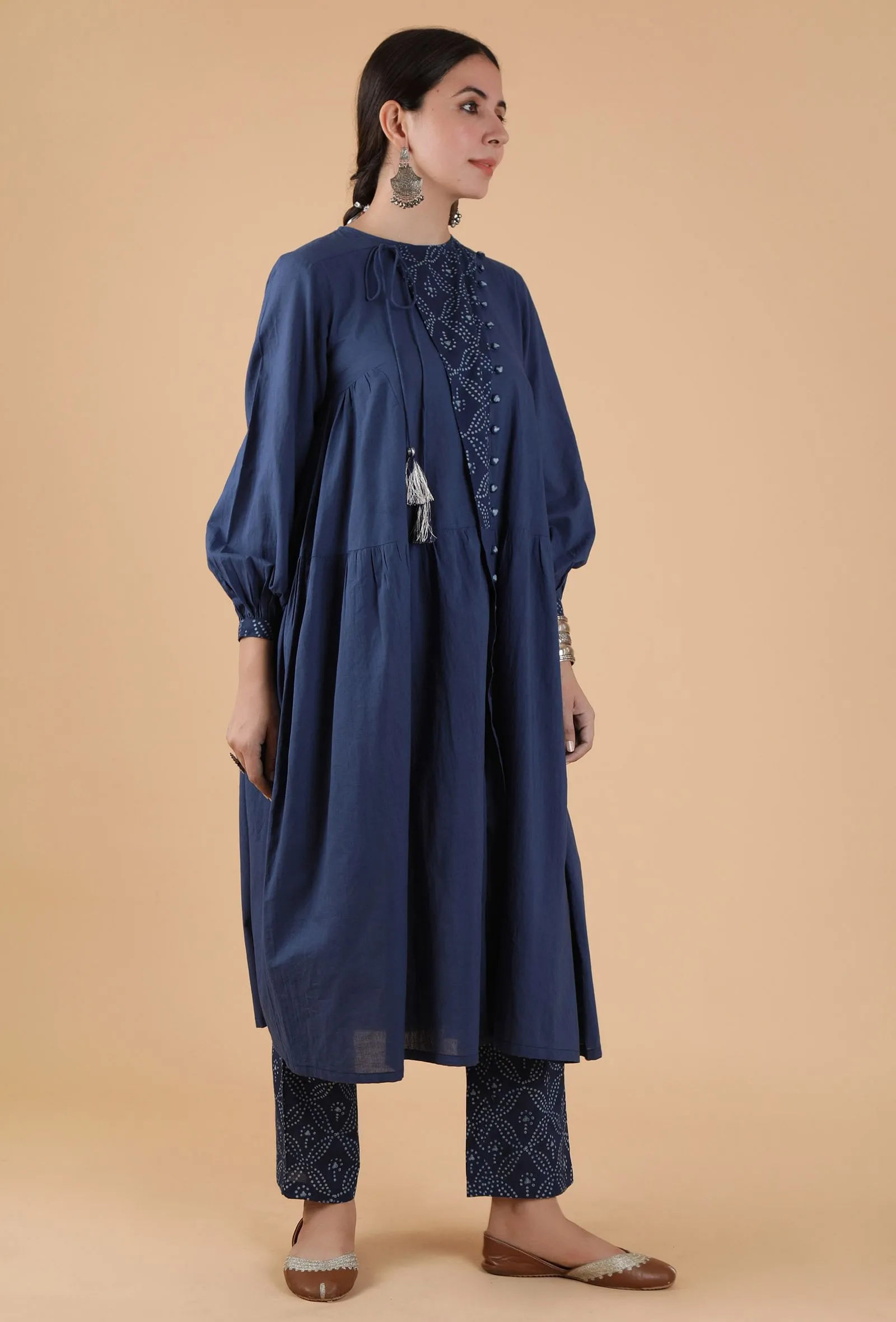 Trayi Indigo Solid Kurta With Printed Yoke