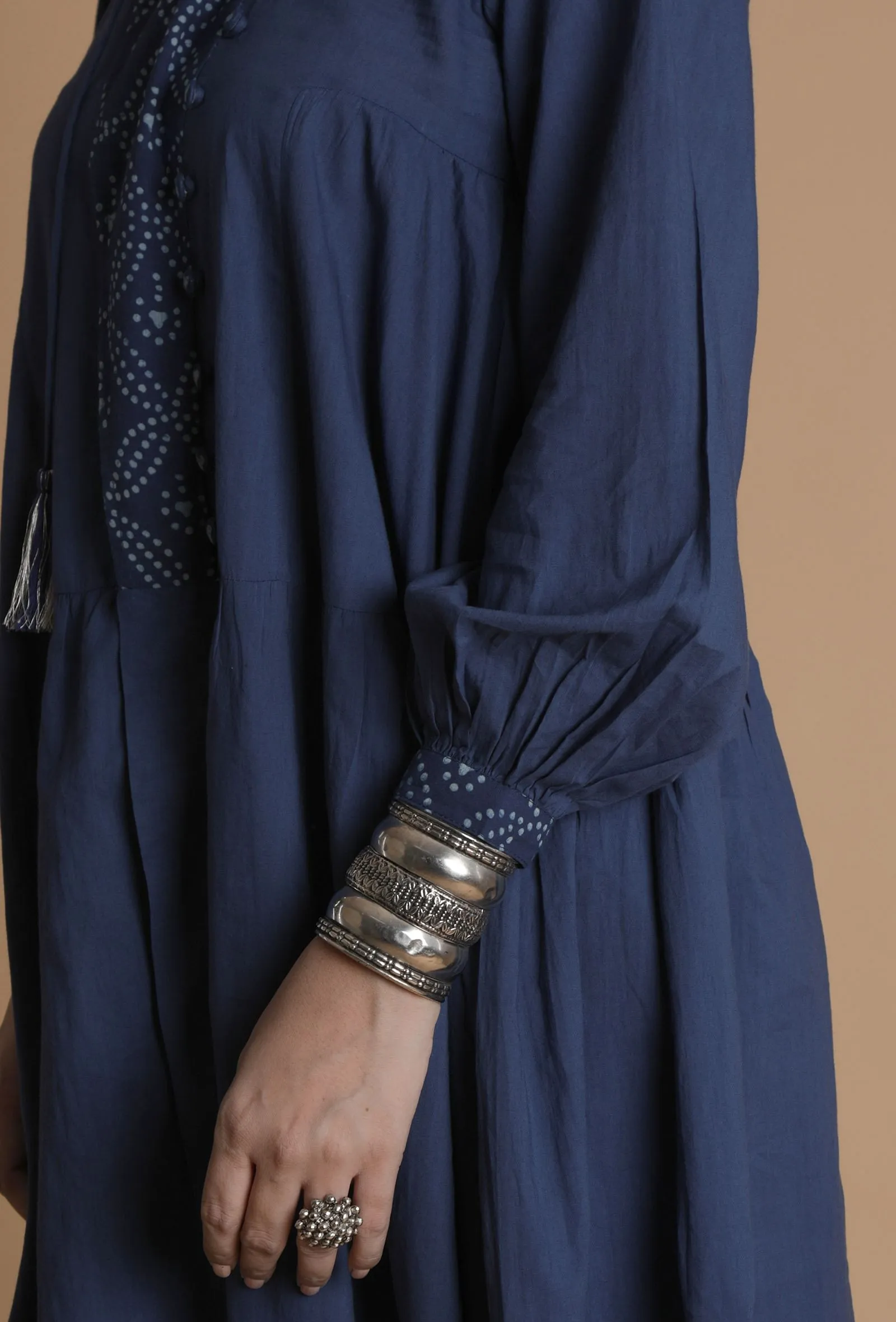 Trayi Indigo Solid Kurta With Printed Yoke