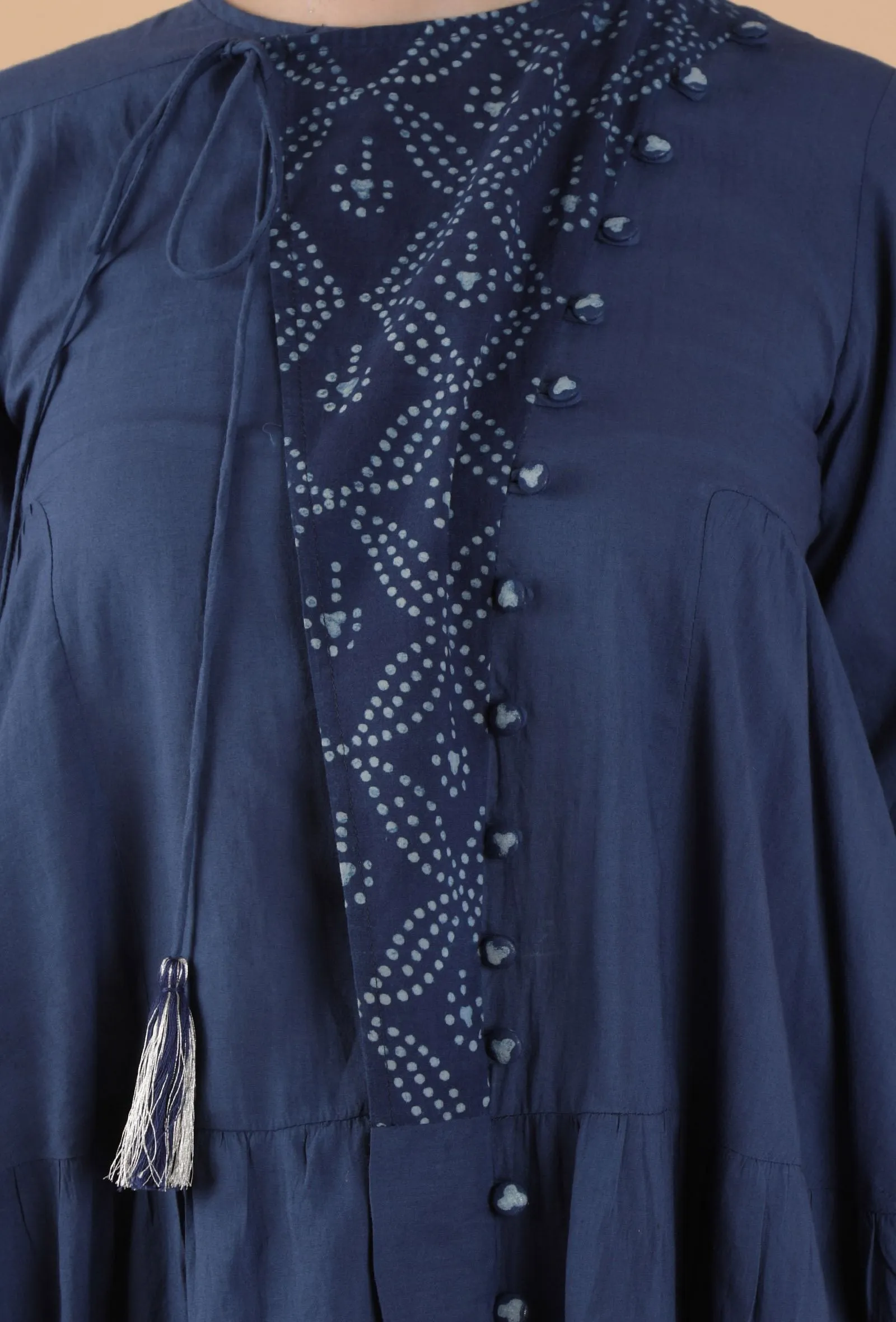 Trayi Indigo Solid Kurta With Printed Yoke