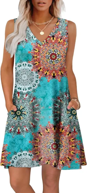 WIHOLL Womens Summer Dresses Loose Fit V Neck Sleeveless Sundresses Beach Hawaiian Dress with Pockets