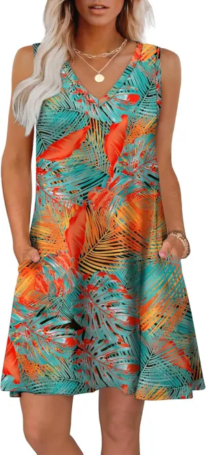 WIHOLL Womens Summer Dresses Loose Fit V Neck Sleeveless Sundresses Beach Hawaiian Dress with Pockets