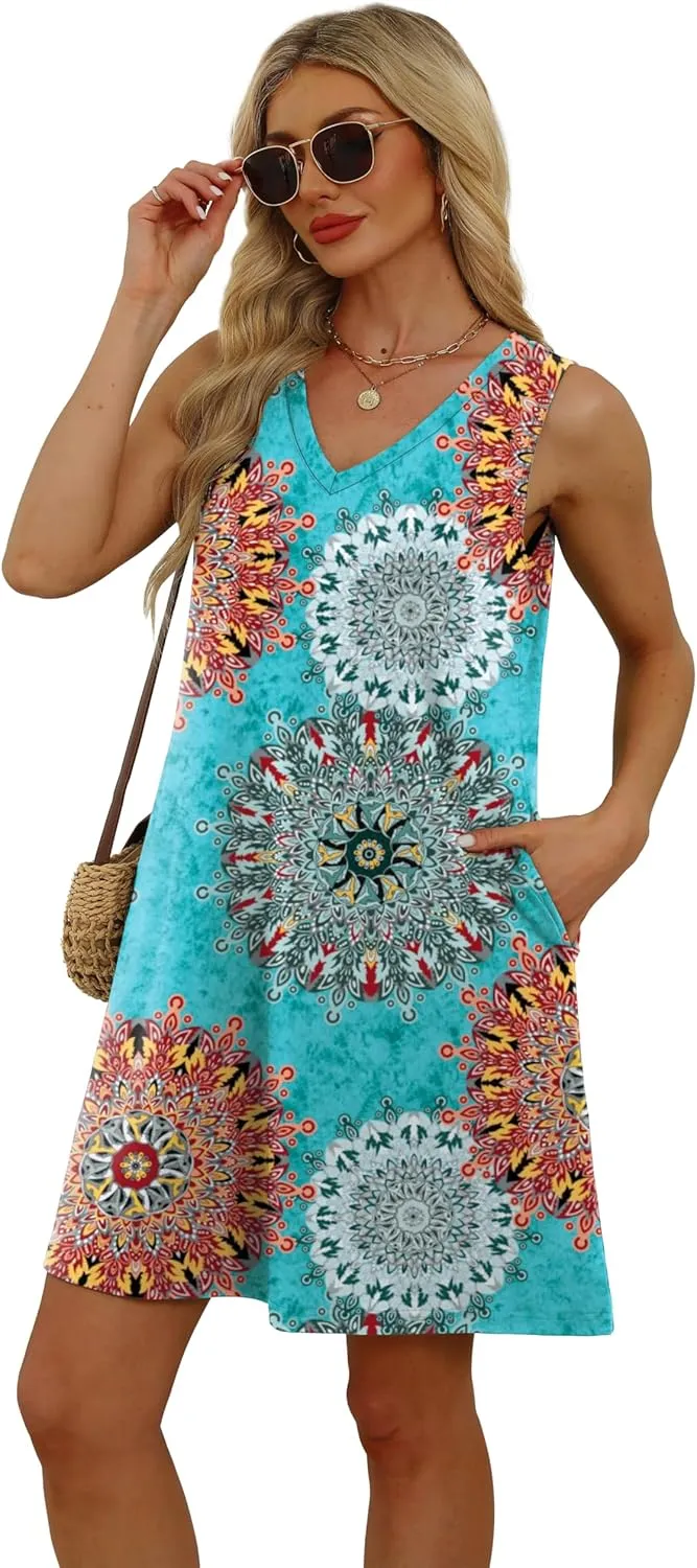 WIHOLL Womens Summer Dresses Loose Fit V Neck Sleeveless Sundresses Beach Hawaiian Dress with Pockets