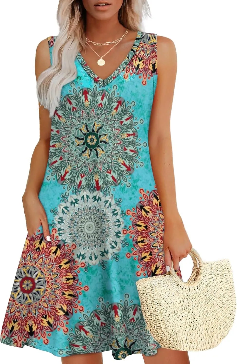 WIHOLL Womens Summer Dresses Loose Fit V Neck Sleeveless Sundresses Beach Hawaiian Dress with Pockets