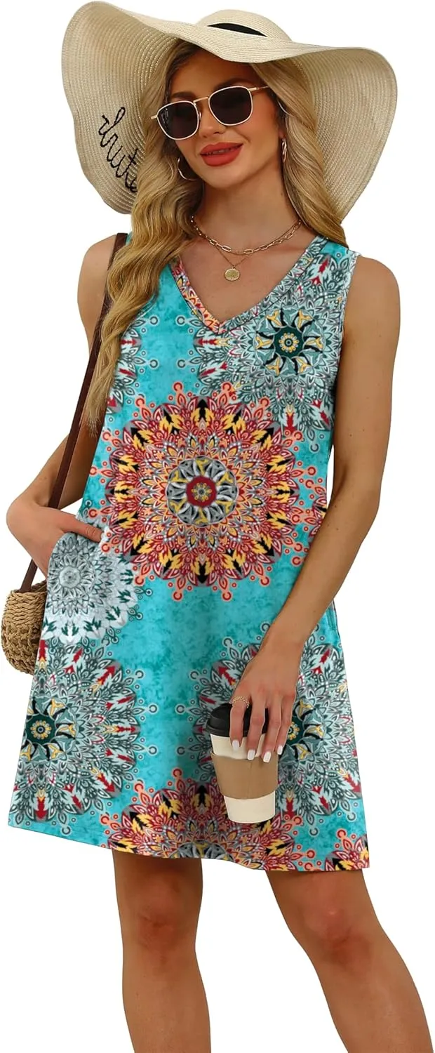 WIHOLL Womens Summer Dresses Loose Fit V Neck Sleeveless Sundresses Beach Hawaiian Dress with Pockets