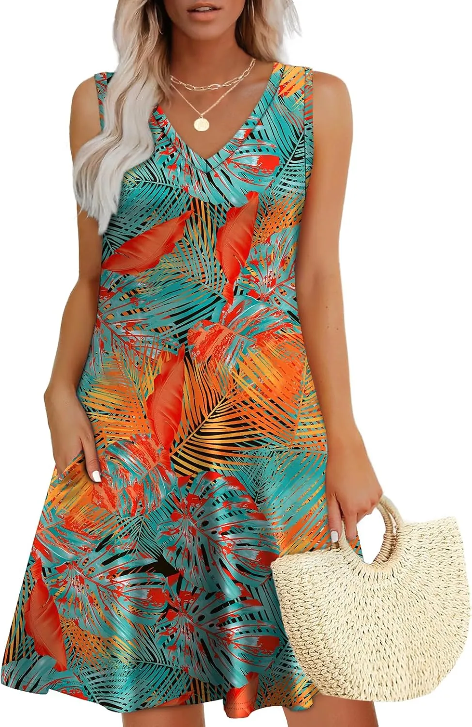 WIHOLL Womens Summer Dresses Loose Fit V Neck Sleeveless Sundresses Beach Hawaiian Dress with Pockets