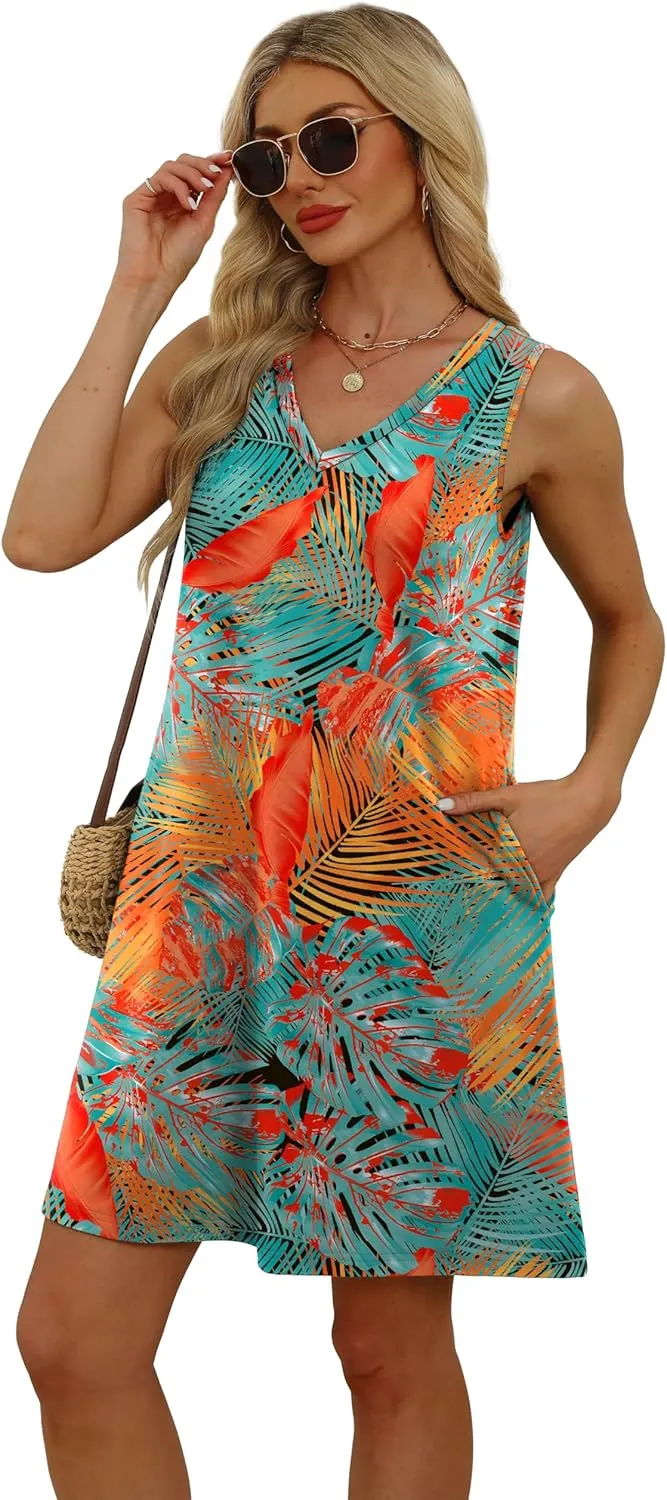 WIHOLL Womens Summer Dresses Loose Fit V Neck Sleeveless Sundresses Beach Hawaiian Dress with Pockets