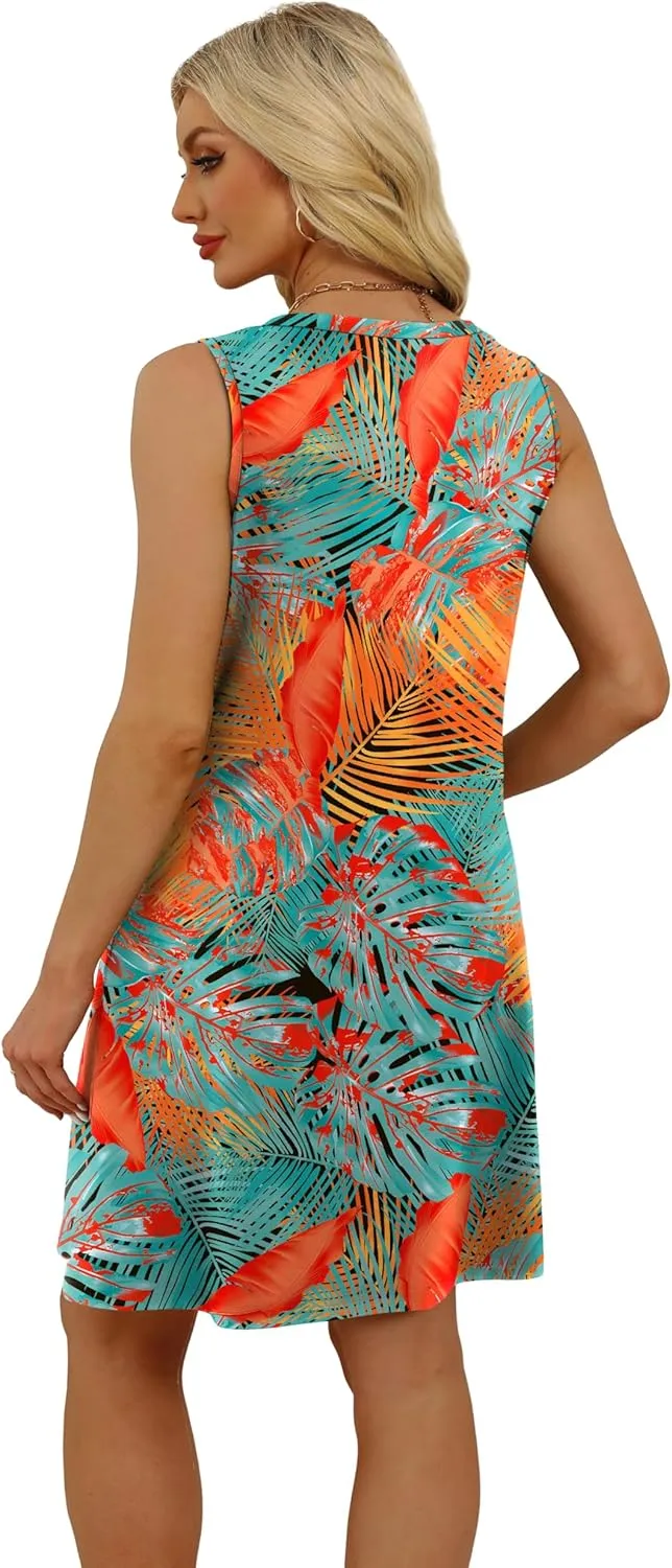 WIHOLL Womens Summer Dresses Loose Fit V Neck Sleeveless Sundresses Beach Hawaiian Dress with Pockets
