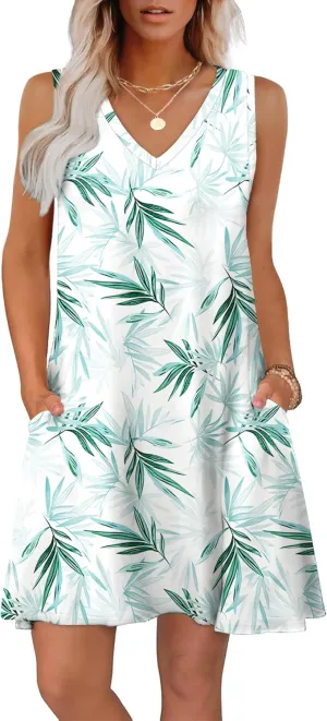 WIHOLL Womens Summer Dresses Loose Fit V Neck Sleeveless Sundresses Beach Hawaiian Dress with Pockets