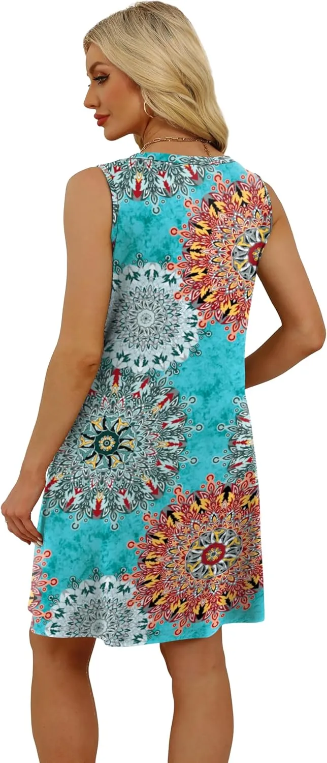 WIHOLL Womens Summer Dresses Loose Fit V Neck Sleeveless Sundresses Beach Hawaiian Dress with Pockets