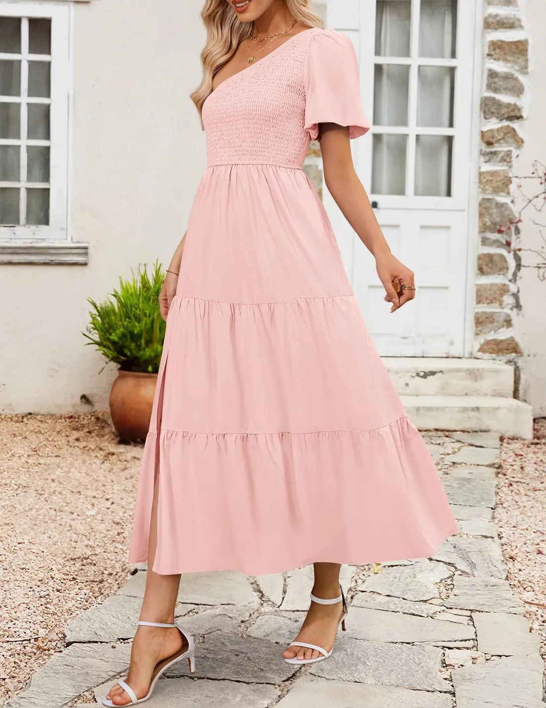 ZESICA Women's Boho Summer One Shoulder Short Sleeve Smocked Side Split Ruffle Swing Midi Dress