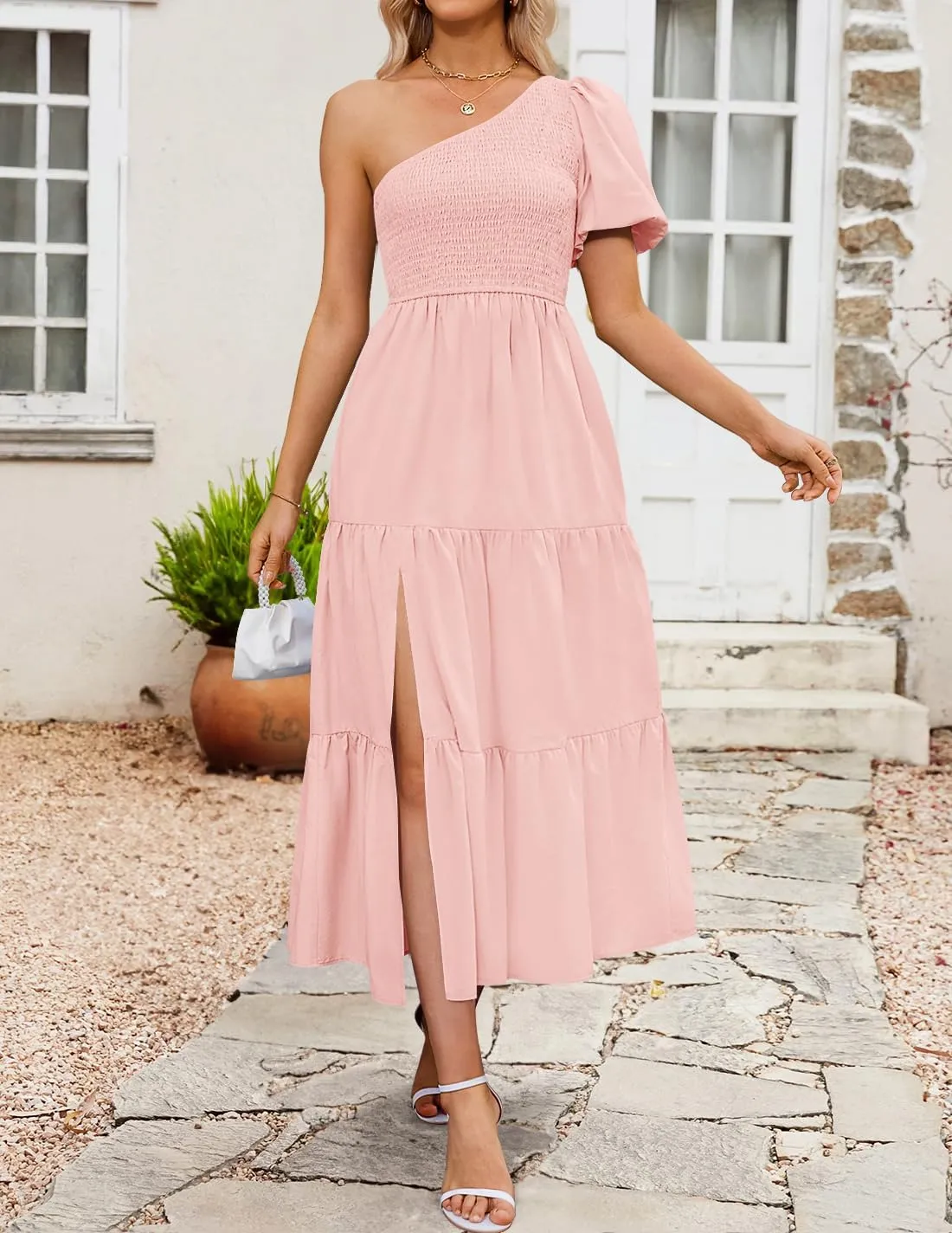ZESICA Women's Boho Summer One Shoulder Short Sleeve Smocked Side Split Ruffle Swing Midi Dress