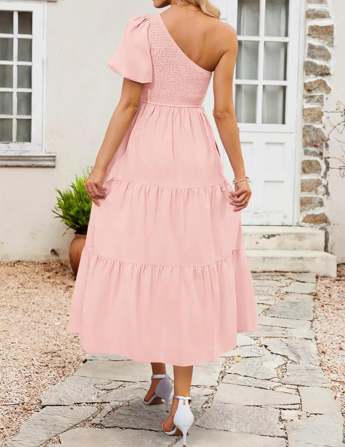 ZESICA Women's Boho Summer One Shoulder Short Sleeve Smocked Side Split Ruffle Swing Midi Dress
