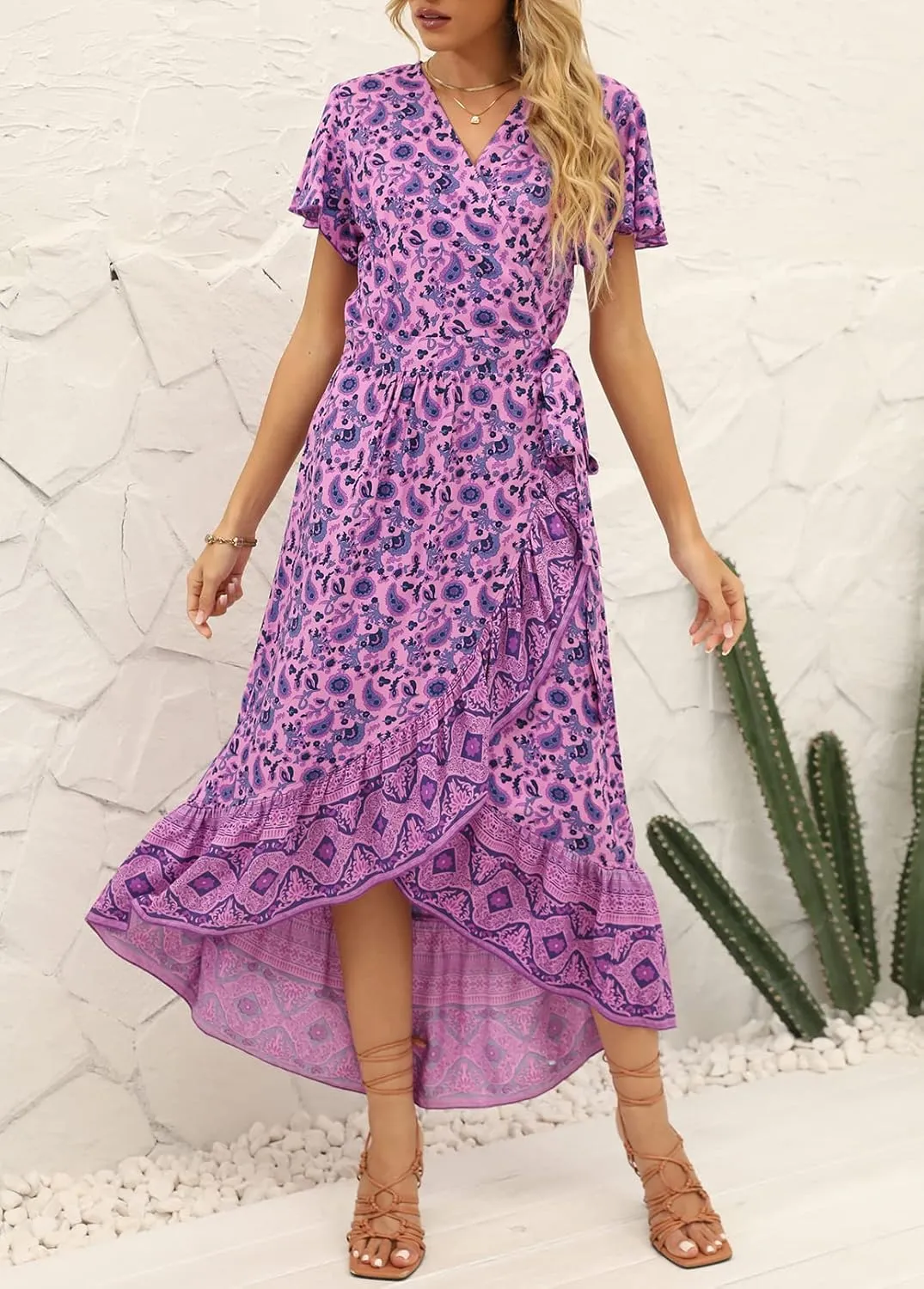 ZESICA Women's Summer Bohemian Floral Printed Wrap V Neck Beach Party Flowy Ruffle Midi Dress