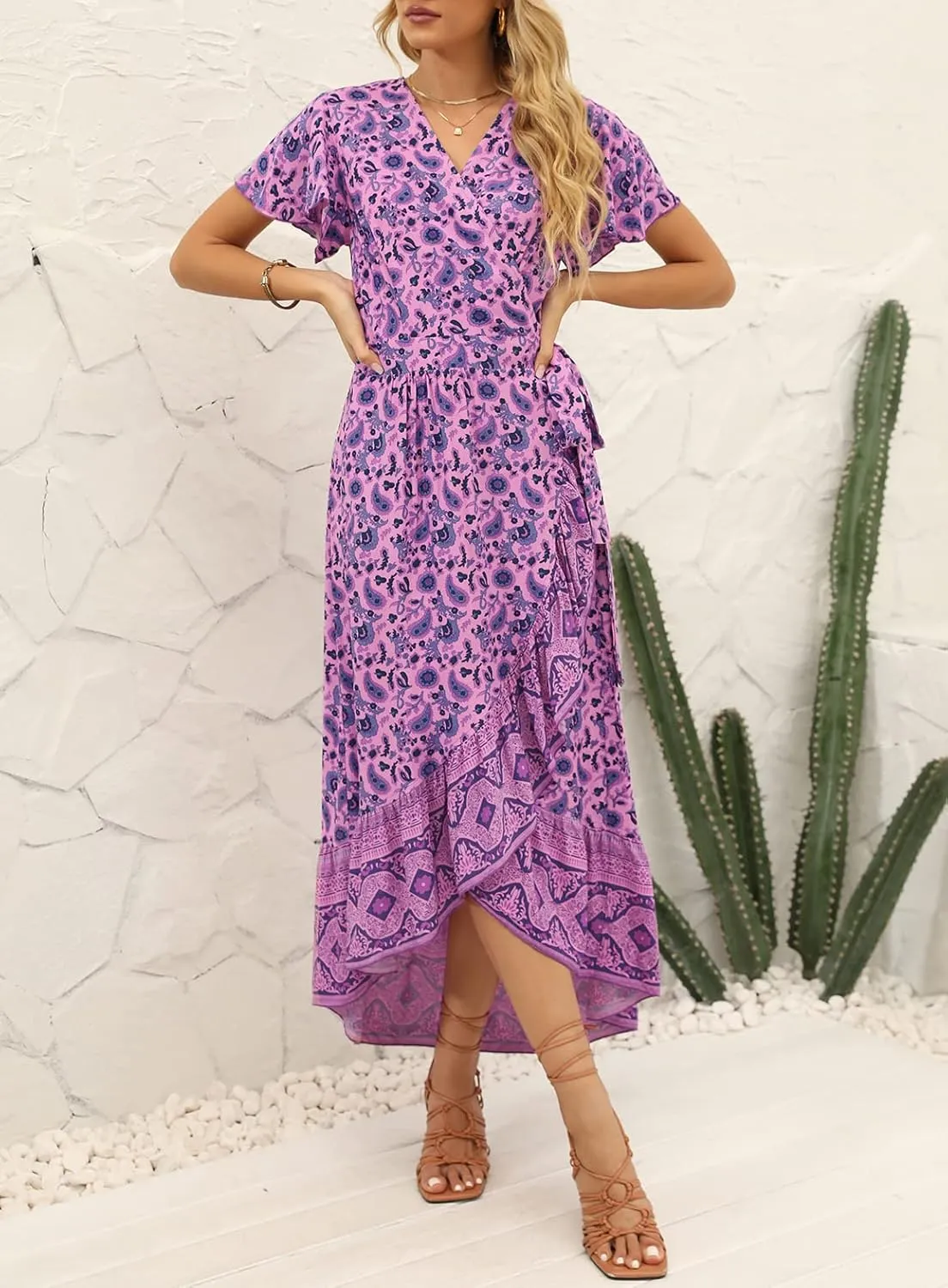 ZESICA Women's Summer Bohemian Floral Printed Wrap V Neck Beach Party Flowy Ruffle Midi Dress
