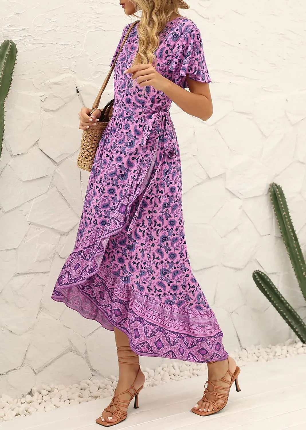 ZESICA Women's Summer Bohemian Floral Printed Wrap V Neck Beach Party Flowy Ruffle Midi Dress