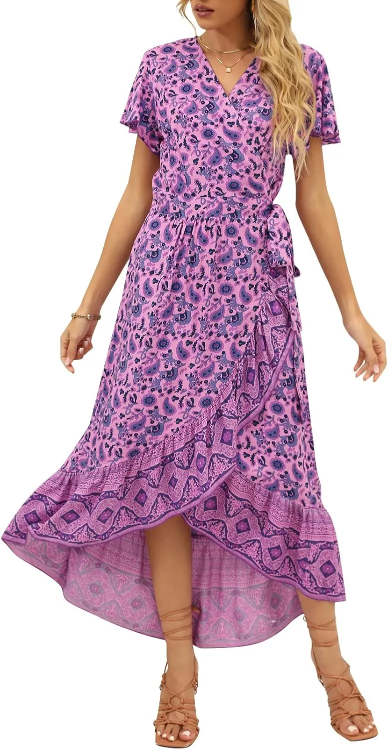 ZESICA Women's Summer Bohemian Floral Printed Wrap V Neck Beach Party Flowy Ruffle Midi Dress