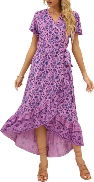 ZESICA Women's Summer Bohemian Floral Printed Wrap V Neck Beach Party Flowy Ruffle Midi Dress