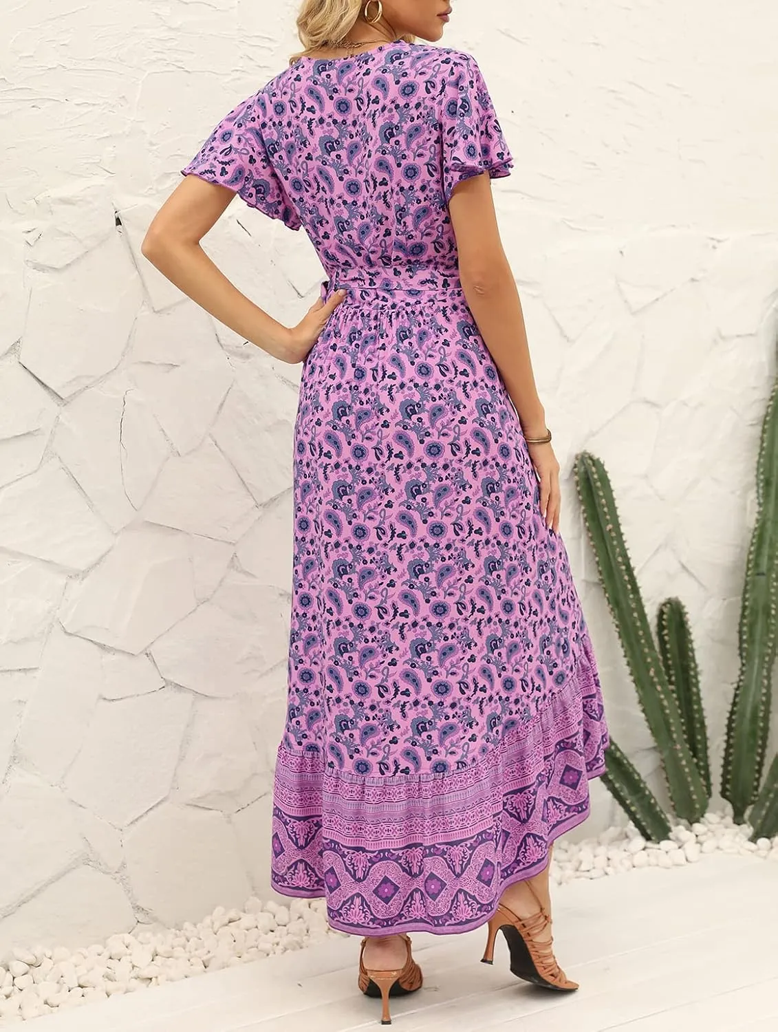 ZESICA Women's Summer Bohemian Floral Printed Wrap V Neck Beach Party Flowy Ruffle Midi Dress